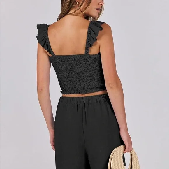 Anrabess Ladies Large Elegant Black Ruffle Strap Stretch Crop Top - Picture 2 of 10